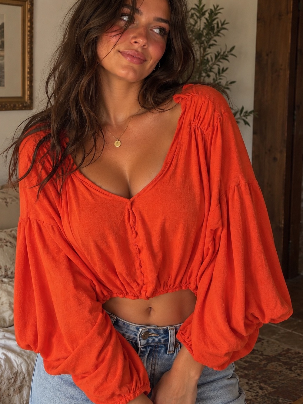 Free People Orange Boho Balloon Sleeve Cropped Top XS